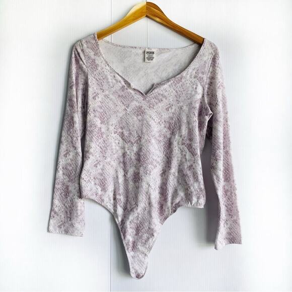 Pink by Victorias Secret long sleeve python print bodysuit size large - Picture 1 of 8